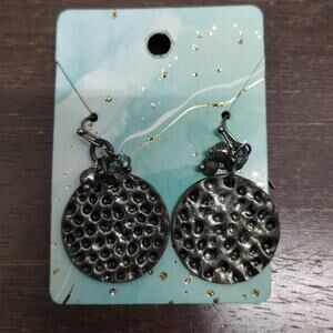 Hammered Metal Circle Silver Tone Pierced Ear Dangle Drop Hook Earrings